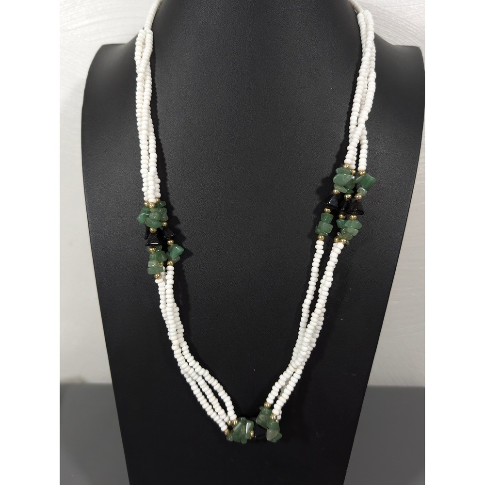 White Glass Bead Necklace 28" Green Stone Accent Multi Strand‎ Boho